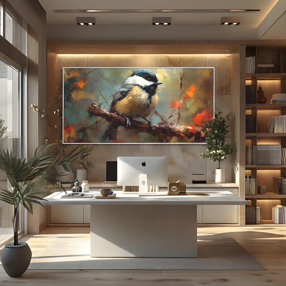 Tablou canvas cu tablou canvas cu pitigoi pe creanga, in rama de aluminiu argintiu, pe perete intr-un birou